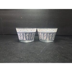 VTG MCM Jeanette Glass Corinthian Blue Old Fashion Tumblers Glasses‎ Set 2